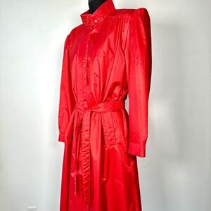 Vintage 80s Red Trench Rain Coat Pleated Puff Sleeves w/Belt Nylon S/M